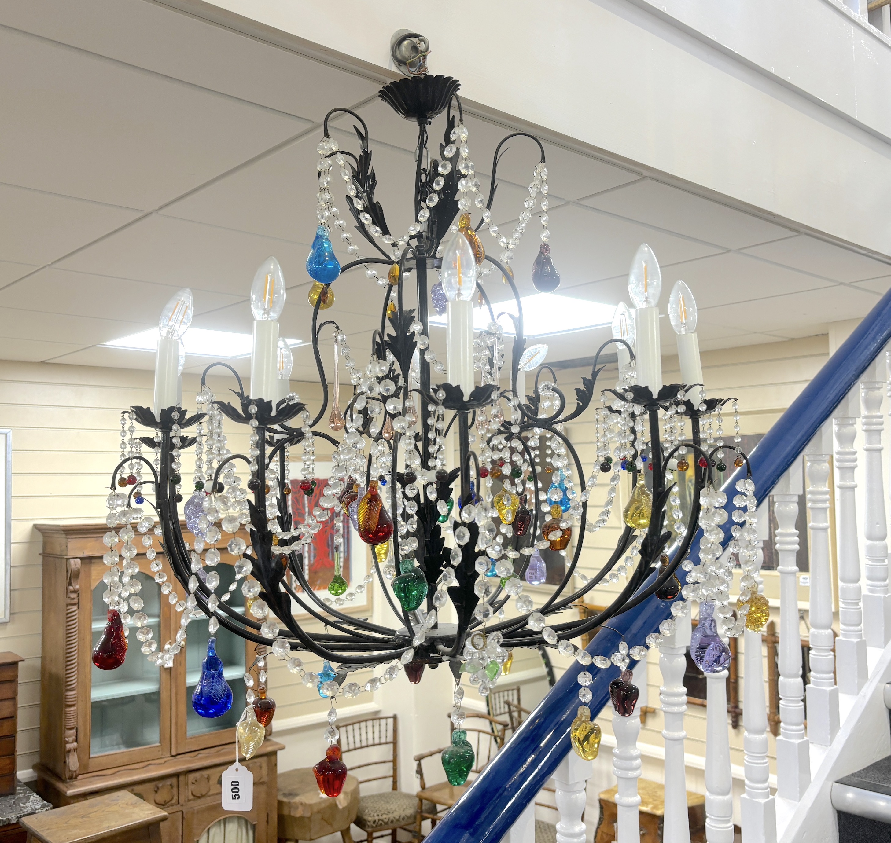 A ten branch Murano multi-coloured chandelier, 76cm high